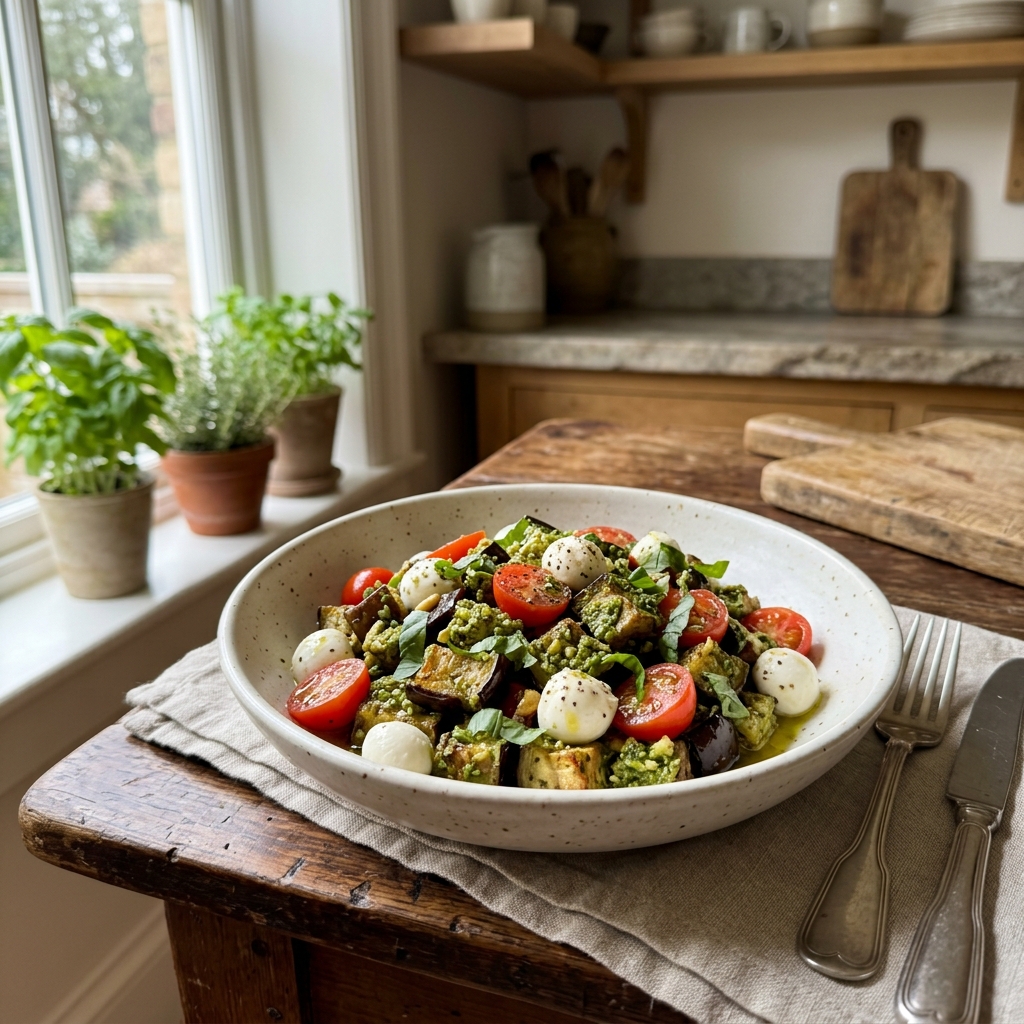 Italian caprese aubergine bake with pesto