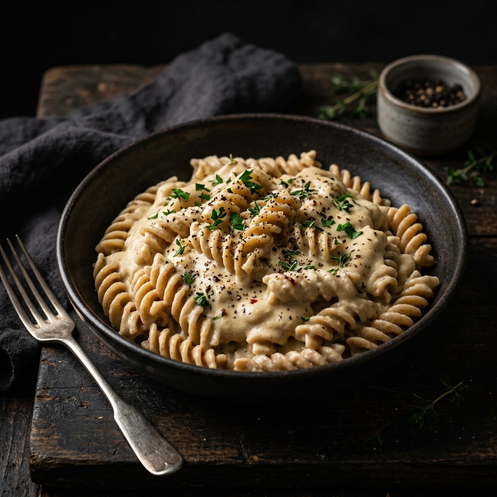 Wholewheat pasta with vegan cashew cheese sauce