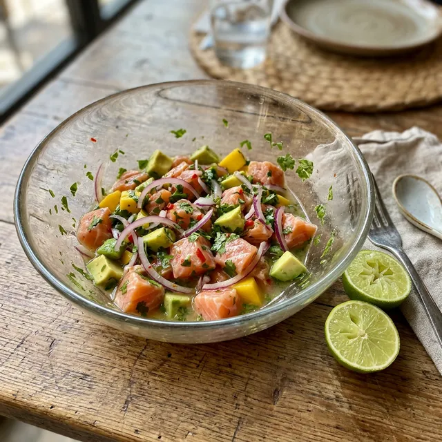Quick salmon ceviche with avocado and mango