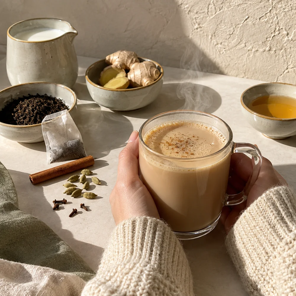 Chai latte with black tea, ginger and honey