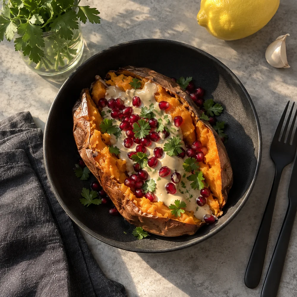 Vegan baked sweet potato with creamy tahini dressing