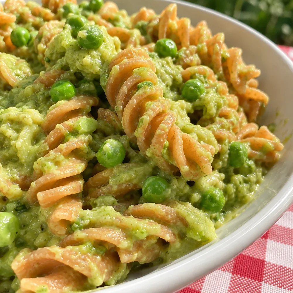 Lentil pasta with creamy avocado and pea sauce
