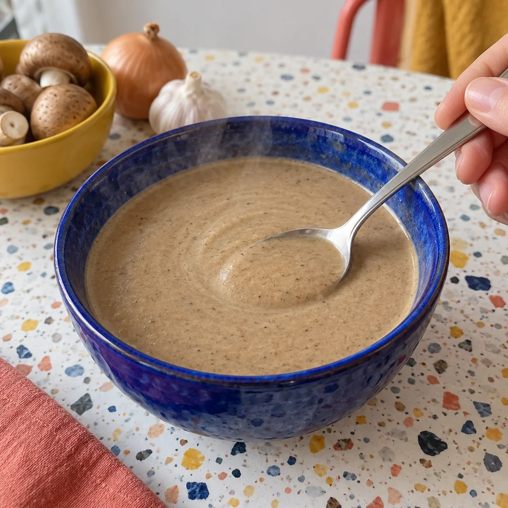 Vegan creamy one-pot mushroom soup with a cashew base