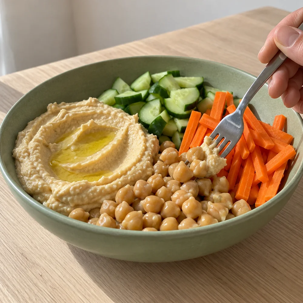 Vegan creamy hummus and veg bowl