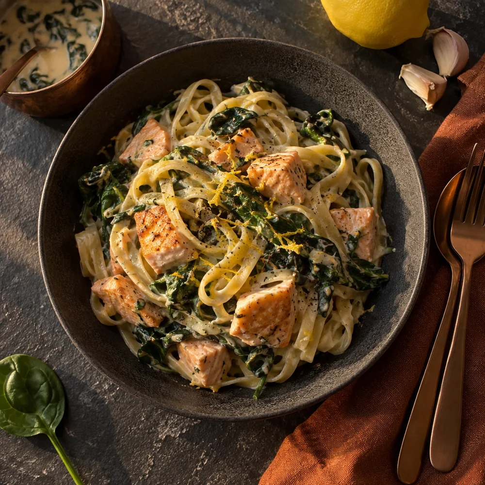 Creamy salmon pasta with spinach and cream sauce