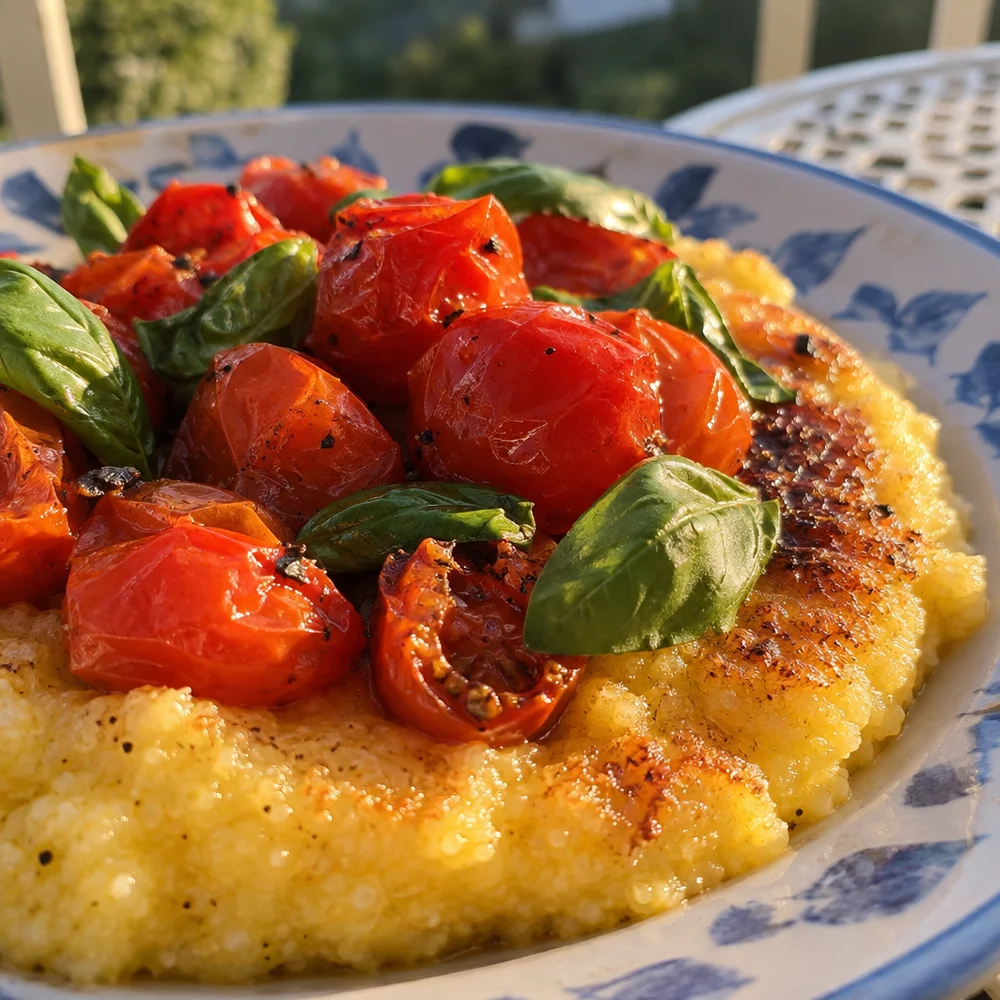 Creamy polenta with braised cherry tomatoes and fresh basil