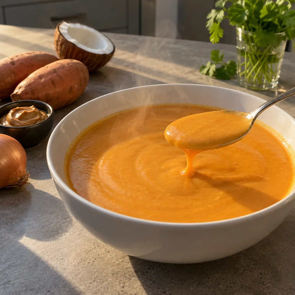 Creamy sweet potato and peanut soup with velvety coconut milk