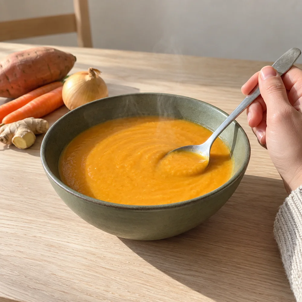Creamy sweet potato and carrot soup with turmeric