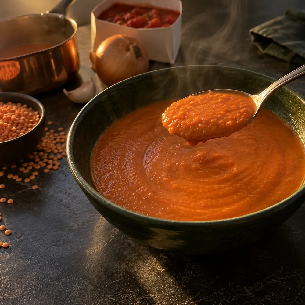 Vegan creamy tomato and lentil soup with coconut milk