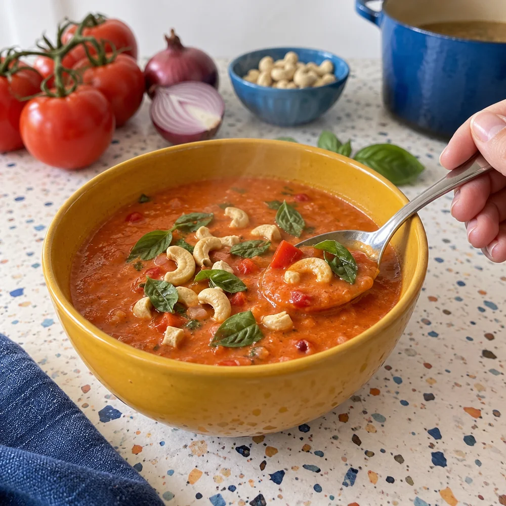 Vegan creamy tomato and pepper soup with cashew topping