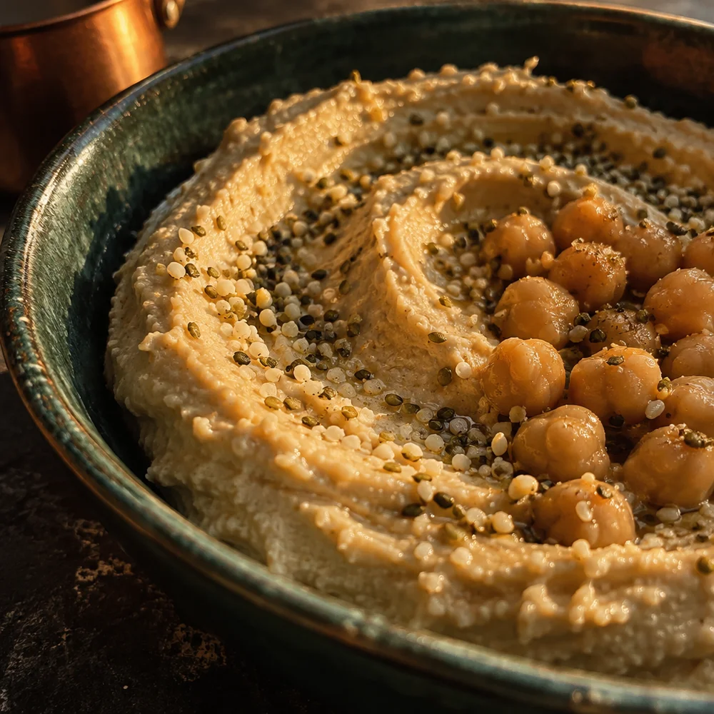 Creamy protein hummus with hemp seeds