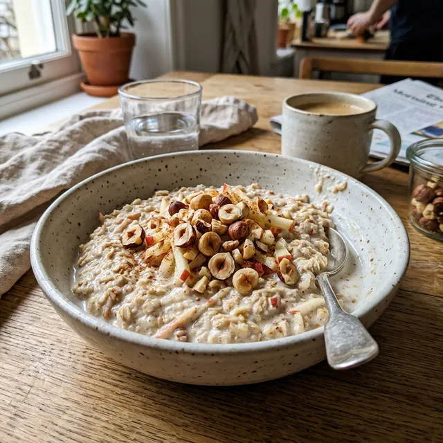 Gluten-free creamy Bircher muesli with apple and hazelnuts