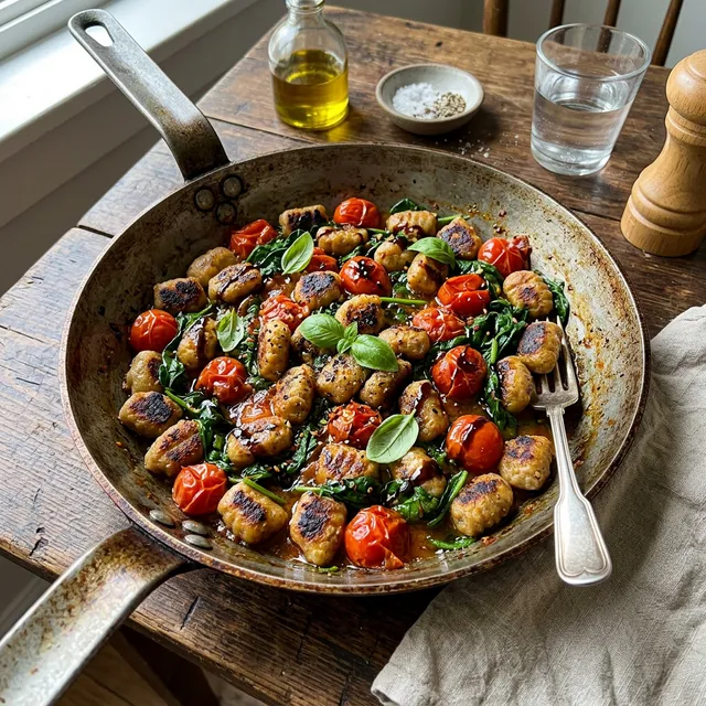 Spelt gnocchi pan with spinach and tomatoes