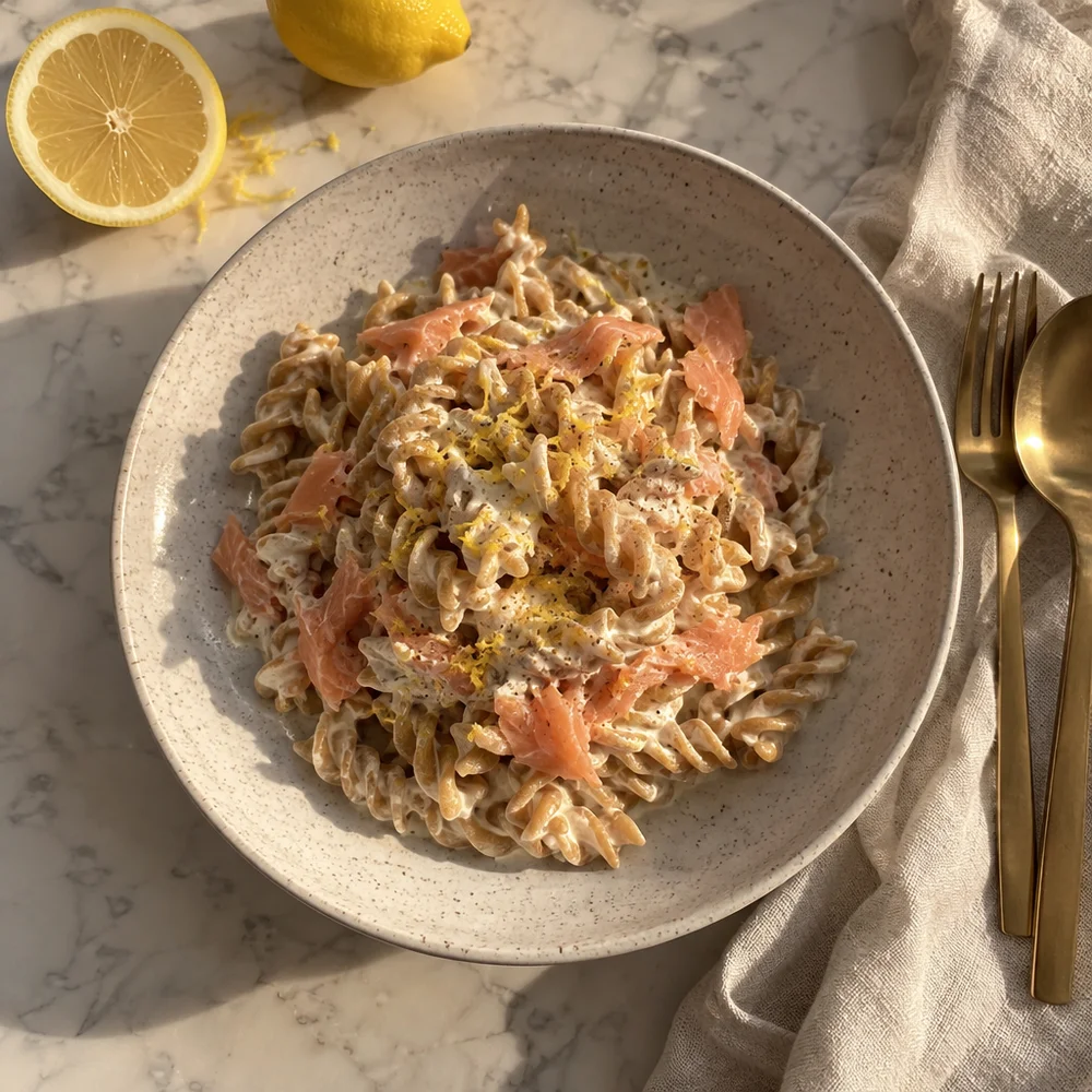 Spelt pasta with creamy lemon and wild salmon