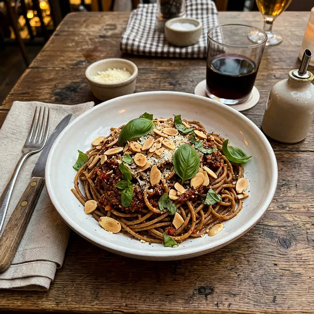 Wholemeal spelt pasta with pesto rosso