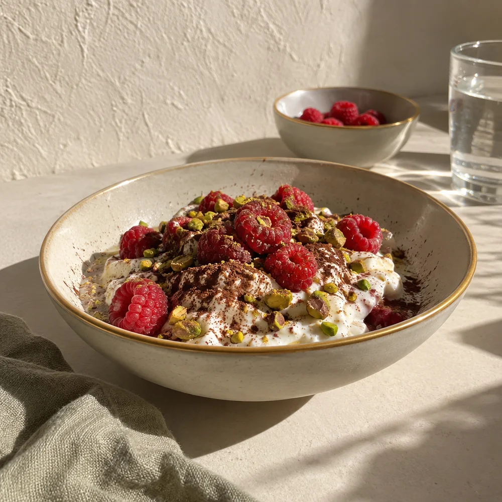 Dry yoghurt with raspberries and cocoa
