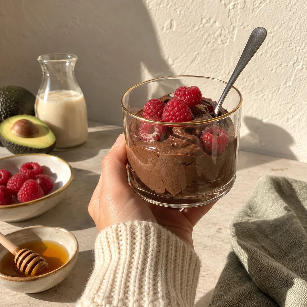 Dark chocolate and avocado mousse with fresh raspberries
