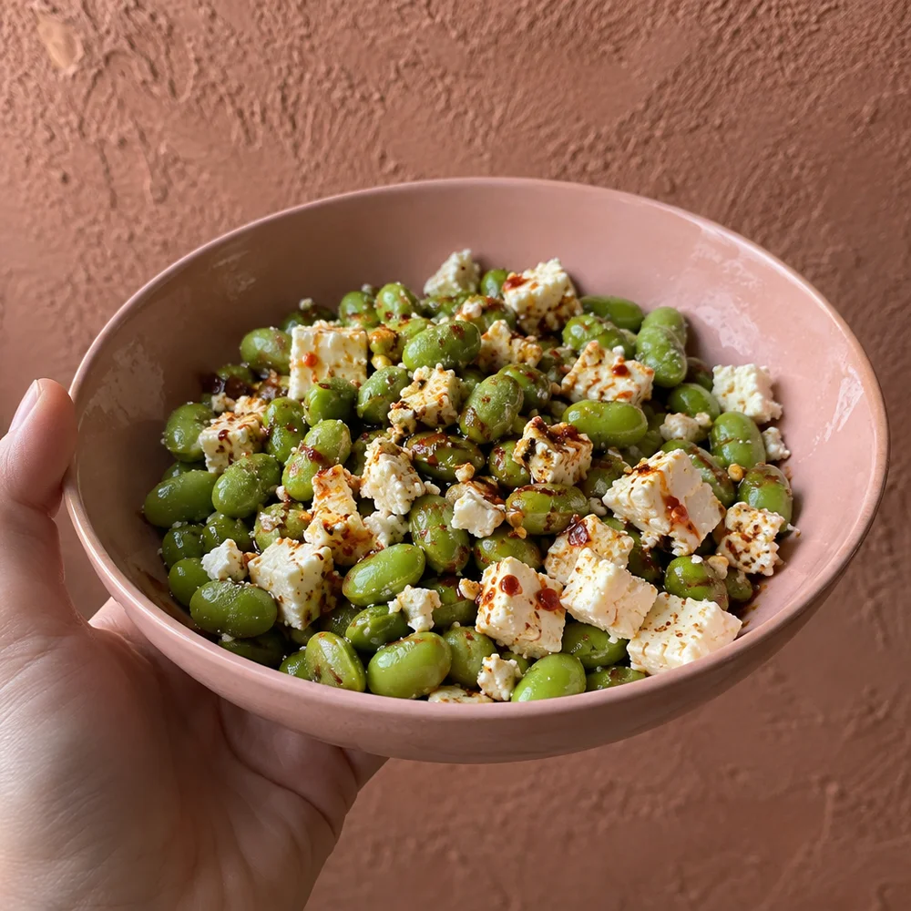 High-protein edamame and feta snack bowl with chilli