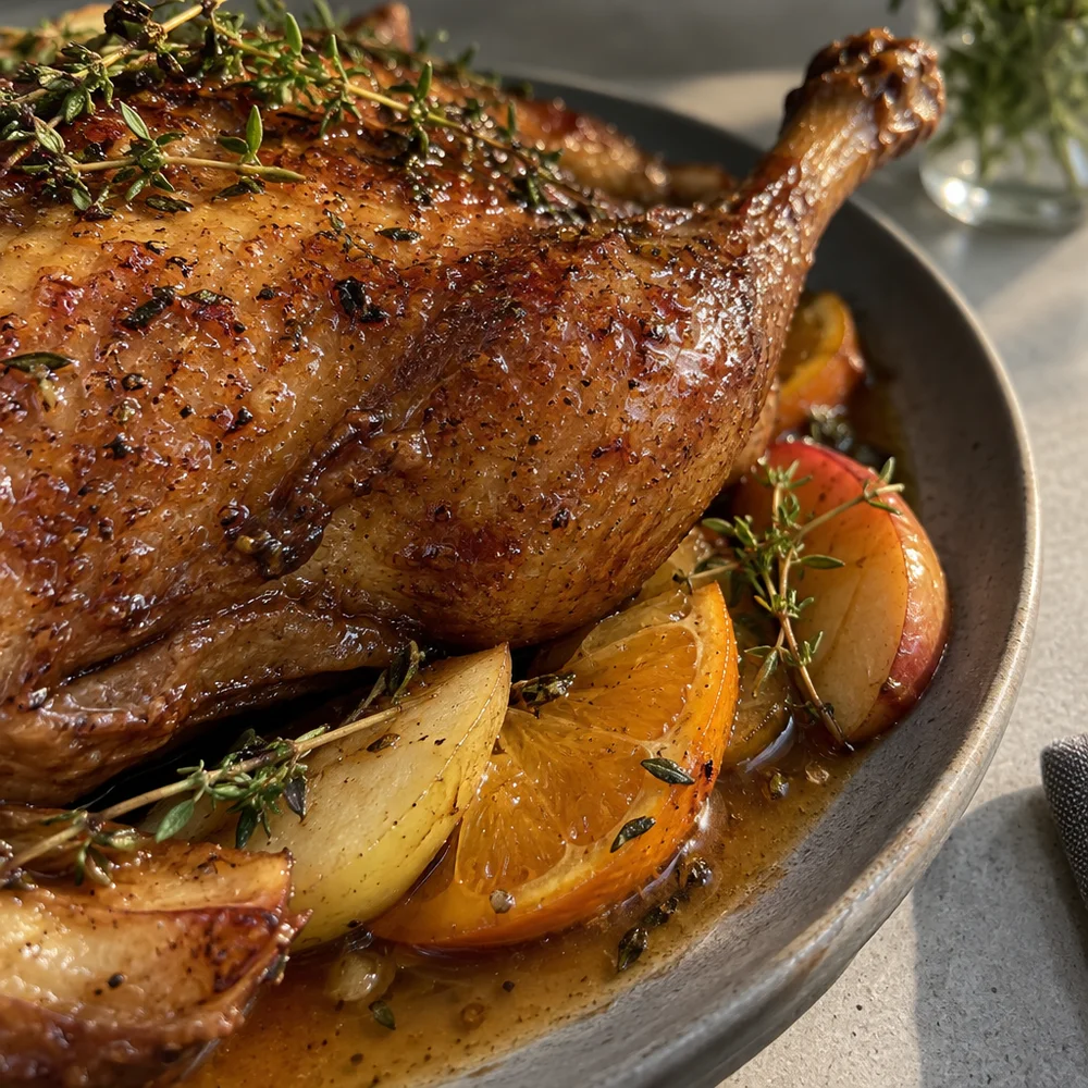 Roast duck with oranges, apples and thyme