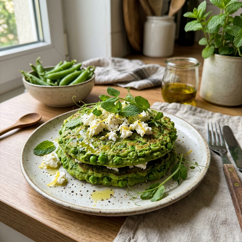 Green pea pancakes with feta cream