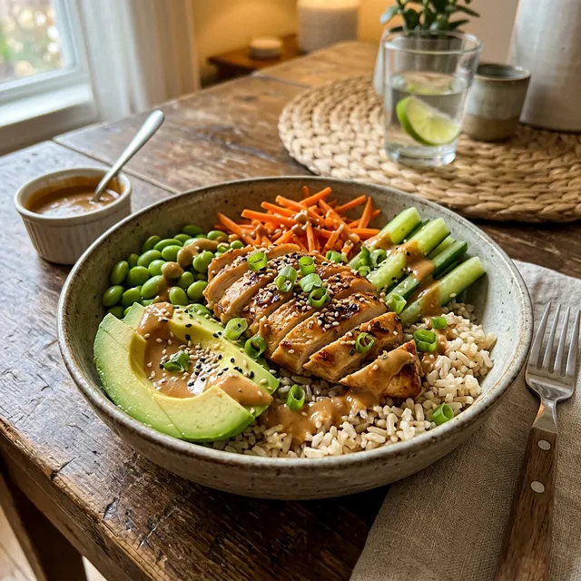 Peanut chicken bowl with brown rice and avocado
