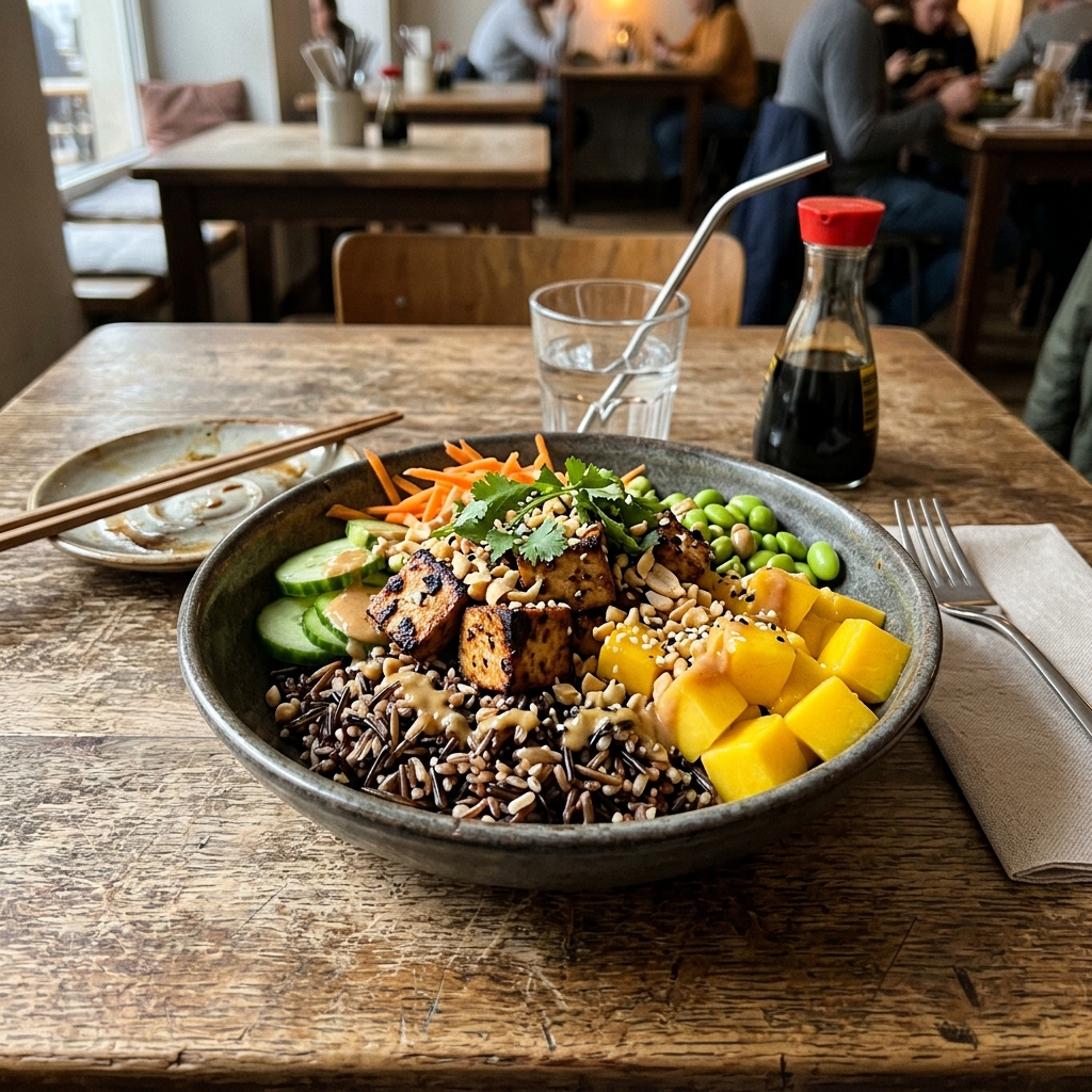 Peanut tofu bowl with fresh mango and wild rice