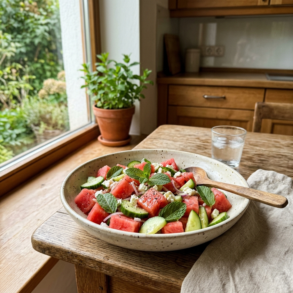 Veganer Zuckerfreier Melonen-Gurken-Salat mit Minze