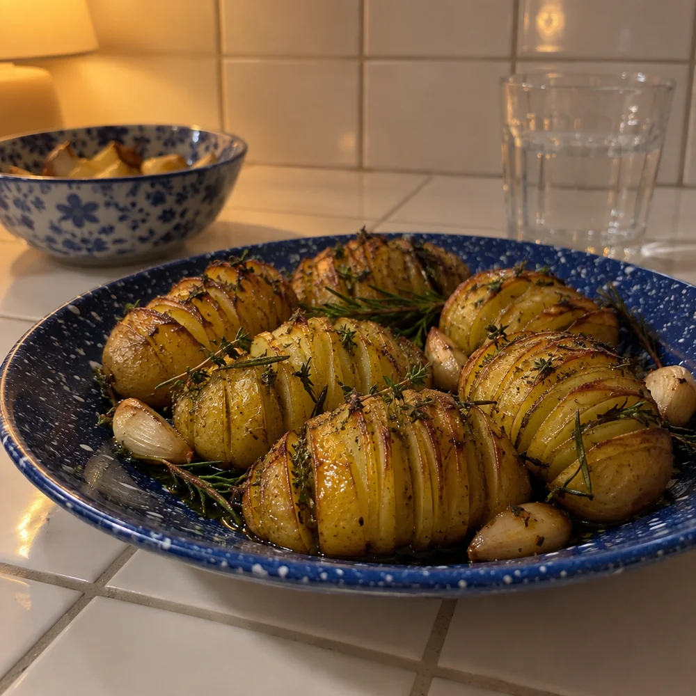 Hasselback potatoes with thyme and rosemary for raclette