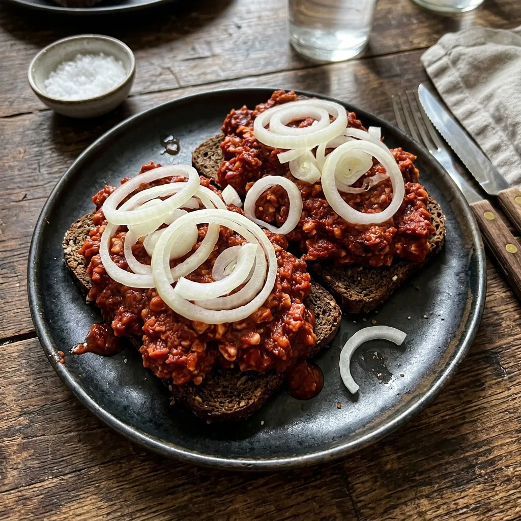 Savoury rice cake and onion spread on rye bread