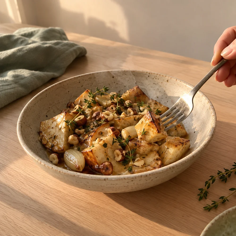 Festive roast celeriac with hazelnut butter and thyme