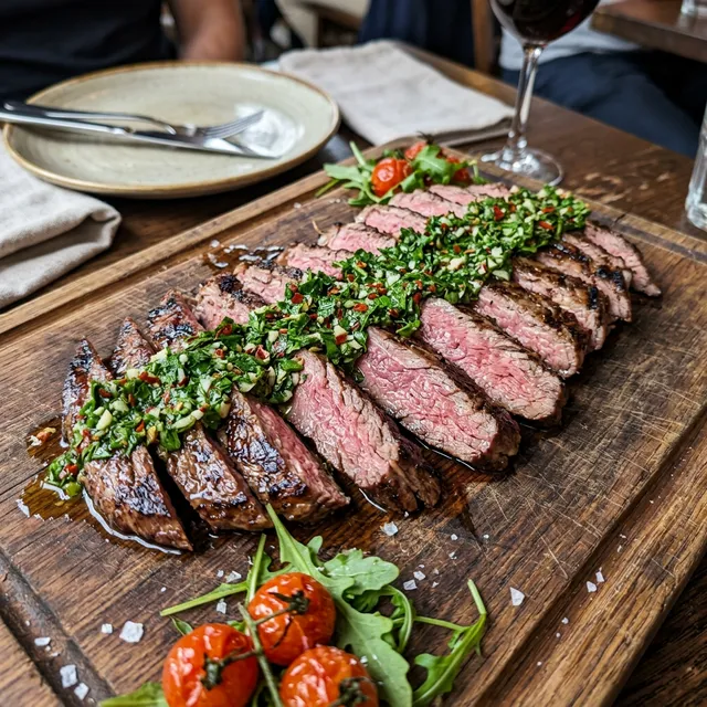 Low-carb sliced flank steak with fresh chimichurri