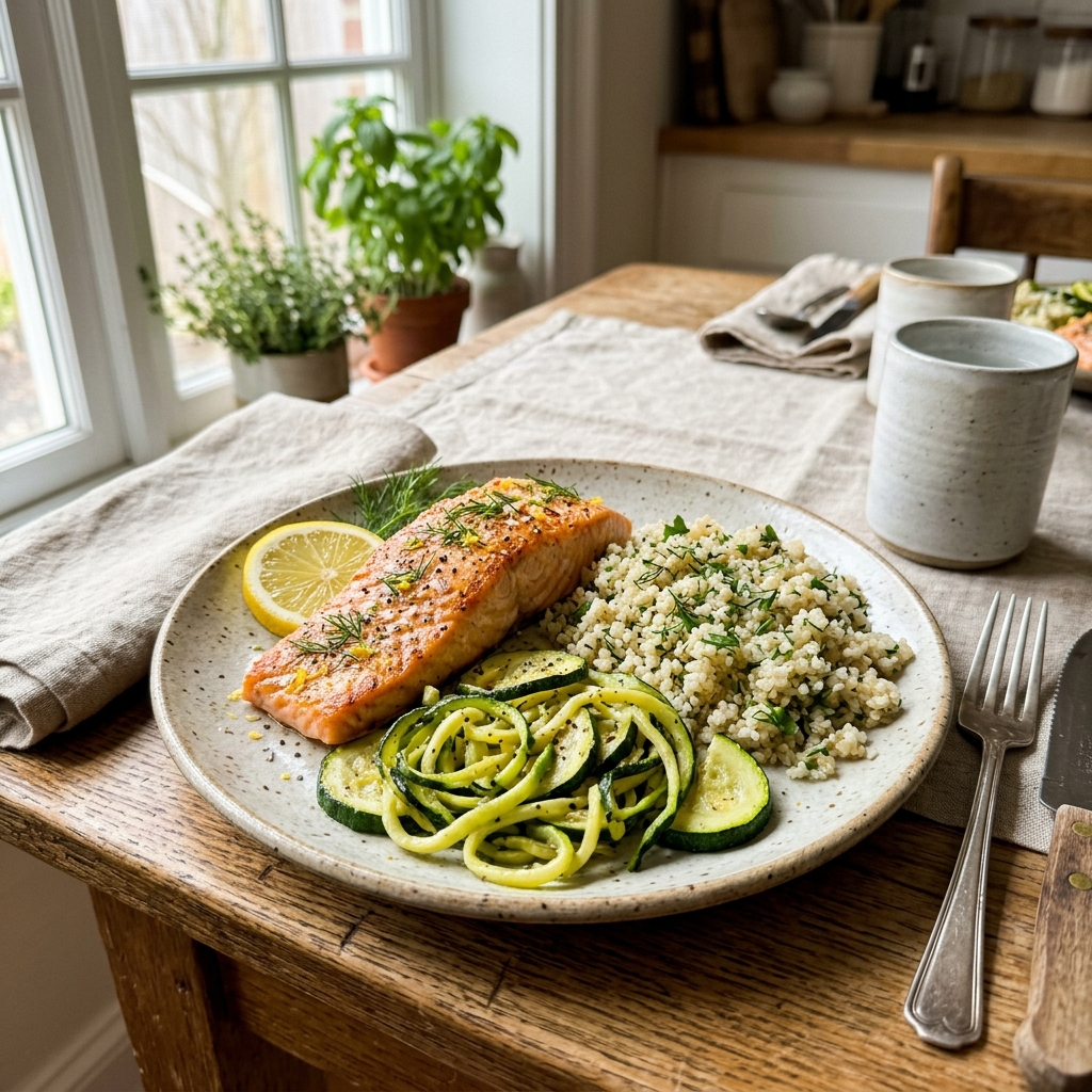 Low-FODMAP lemon wild salmon with quinoa and courgette