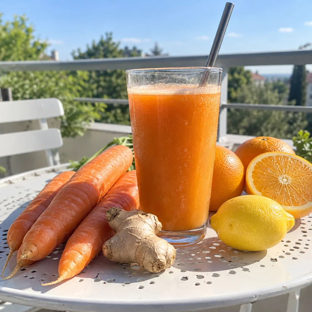 Vegan fresh carrot, ginger and citrus juice