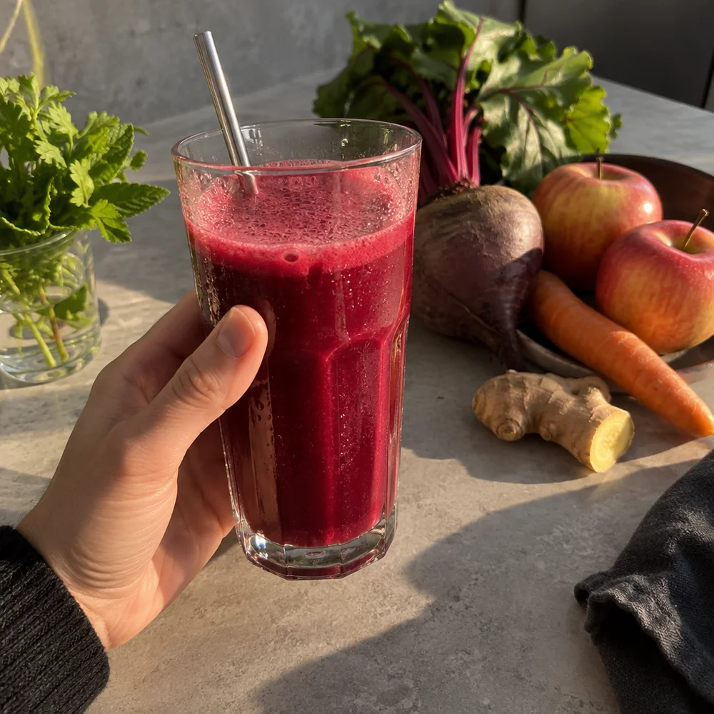 Fresh vegan beetroot and apple juice