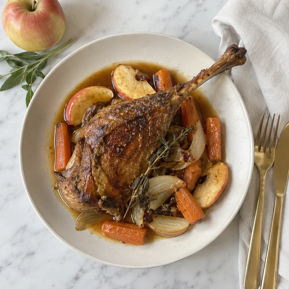 Roast goose with apples, onions and mugwort