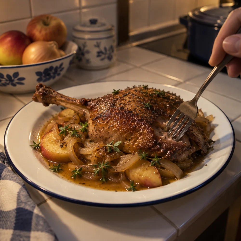 Goose legs with apple and onion sauce and marjoram