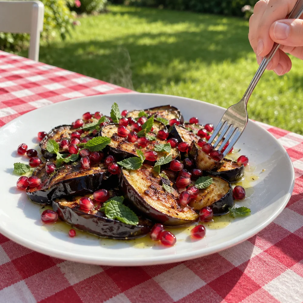 Vegan baked aubergine with pomegranate and mint