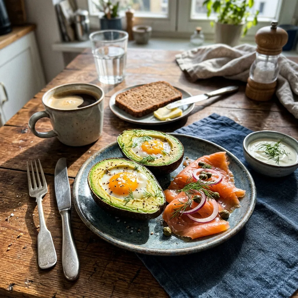 Baked avocado with egg and smoked salmon