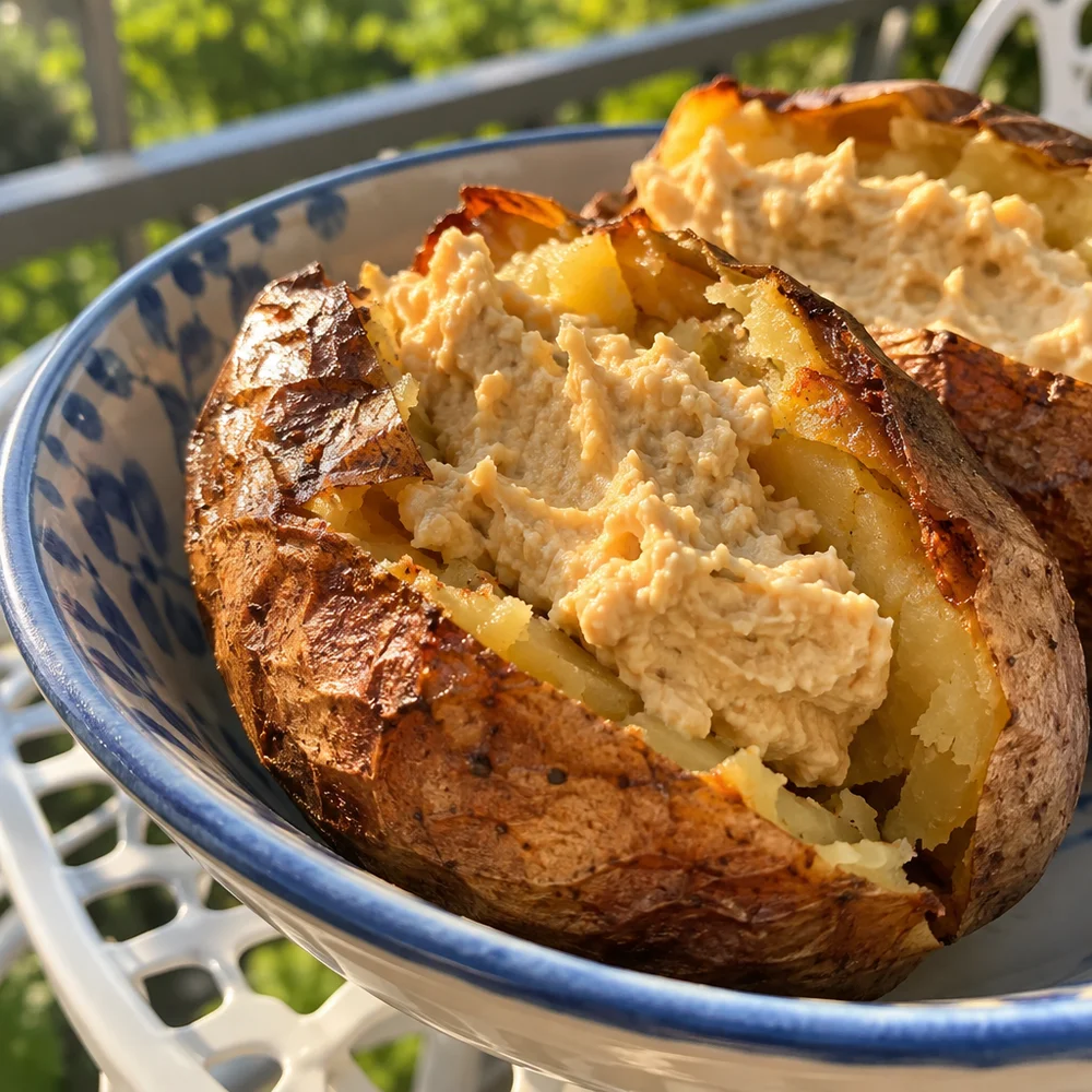 Kumpir-style baked potatoes with hummus