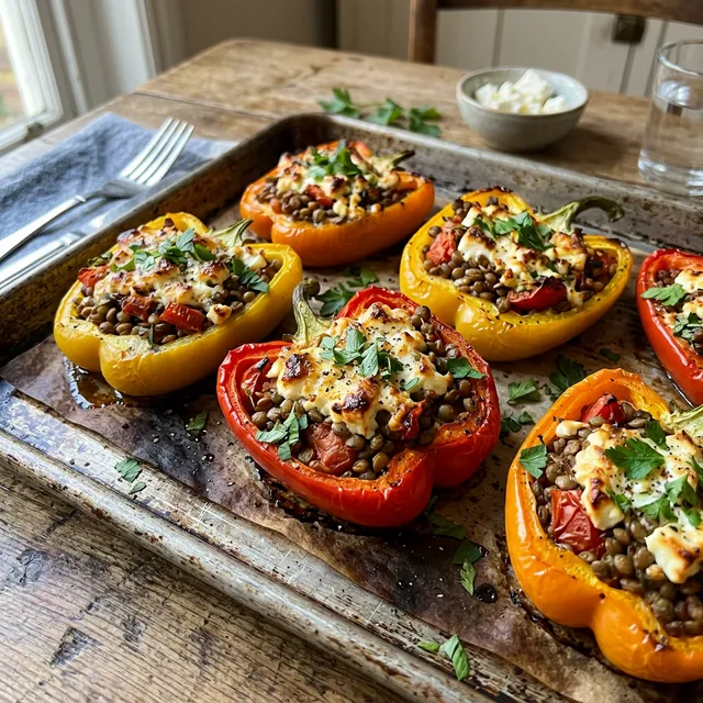 Baked peppers with lentil and feta filling