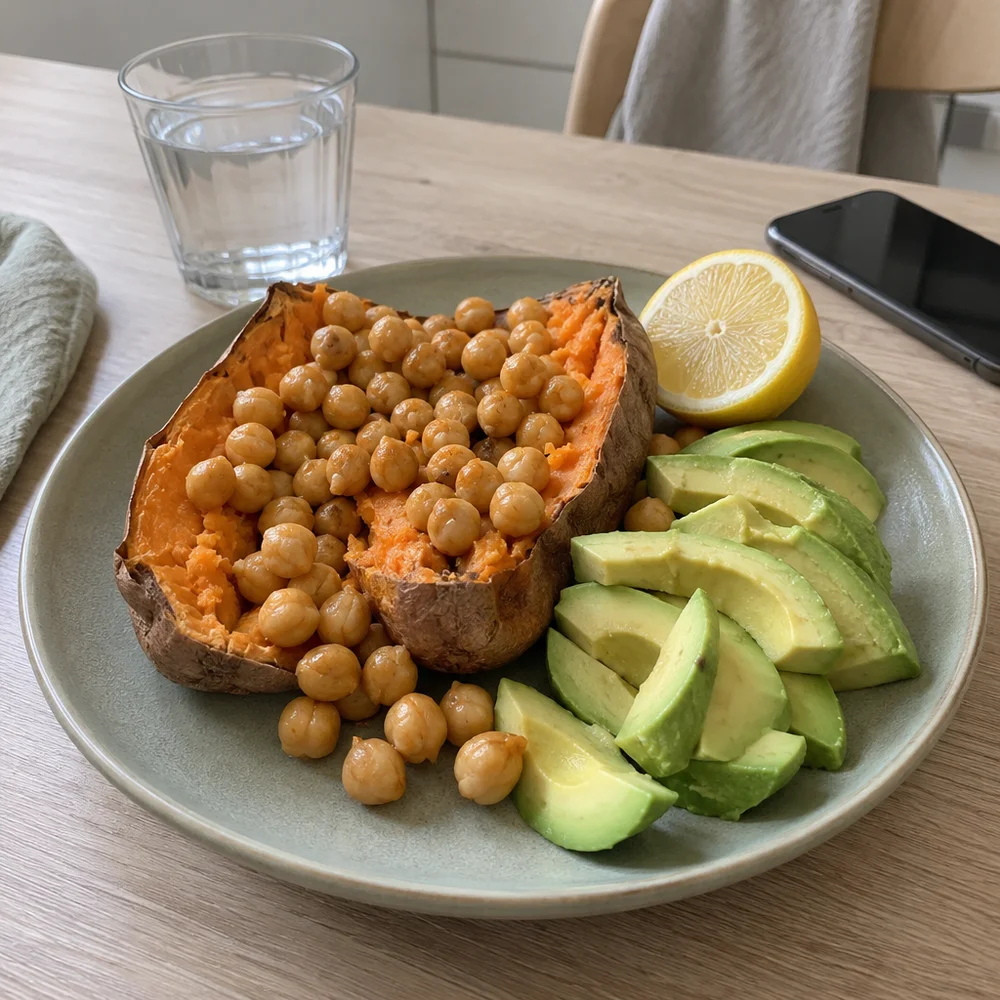 Baked sweet potato with chickpeas and avocado