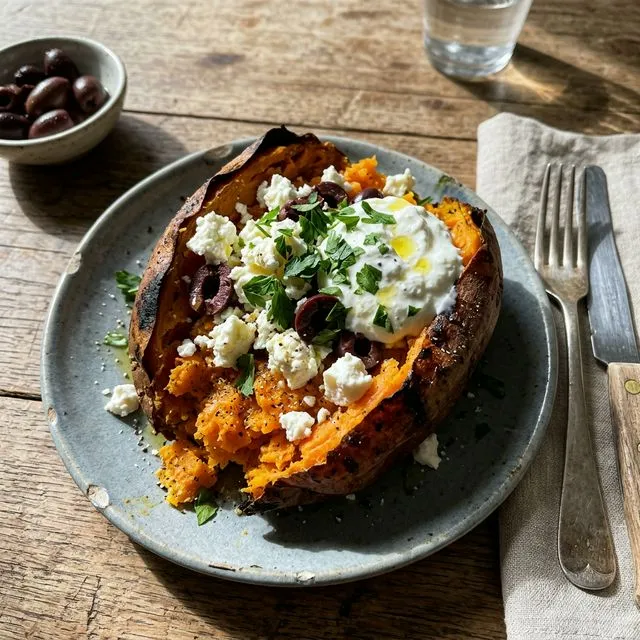 Baked sweet potato kumpir with creamy feta and olives