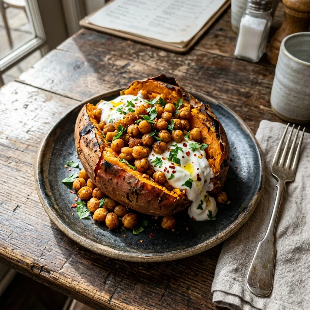 Baked sweet potatoes with chickpea filling
