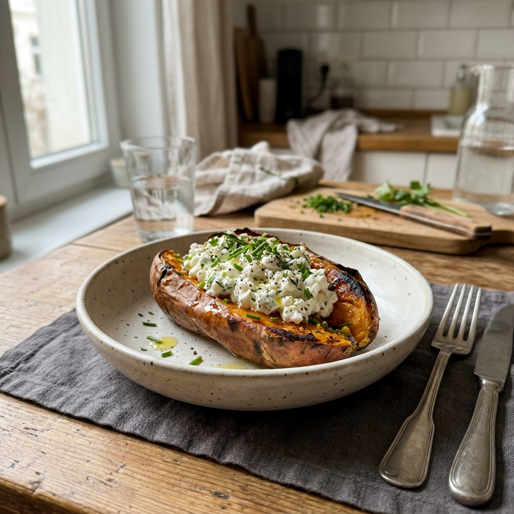 Baked sweet potato with herby cottage cheese