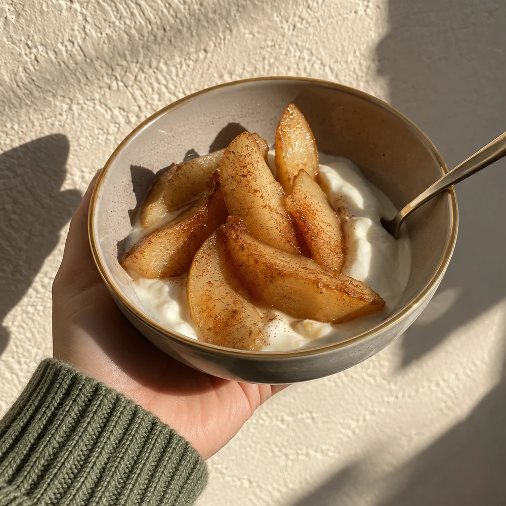 Gluten-free baked cinnamon pears with vanilla yoghurt