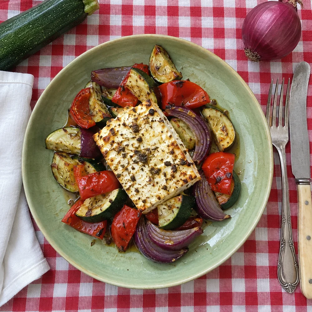 Baked feta on colourful roasted veg