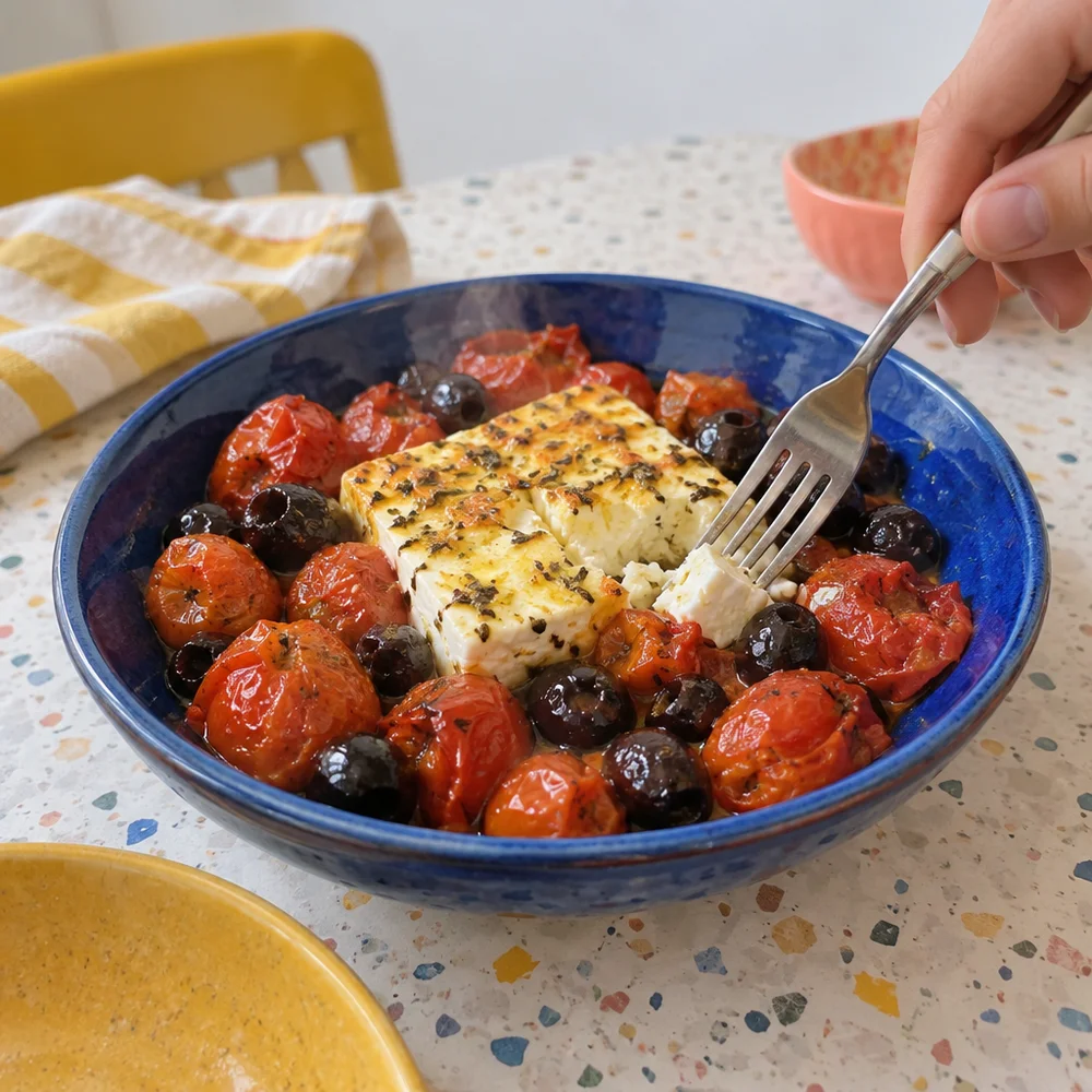 Baked feta with cherry tomatoes and olives