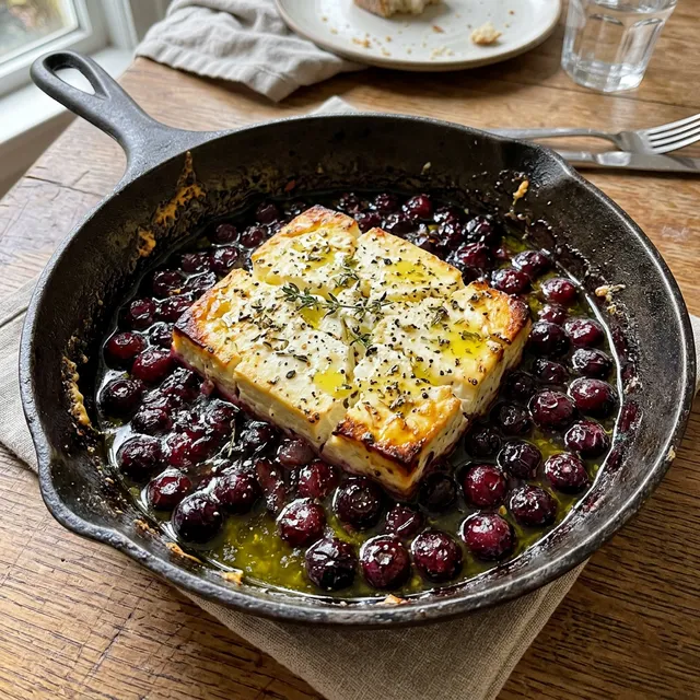 Baked feta with crushed blueberries