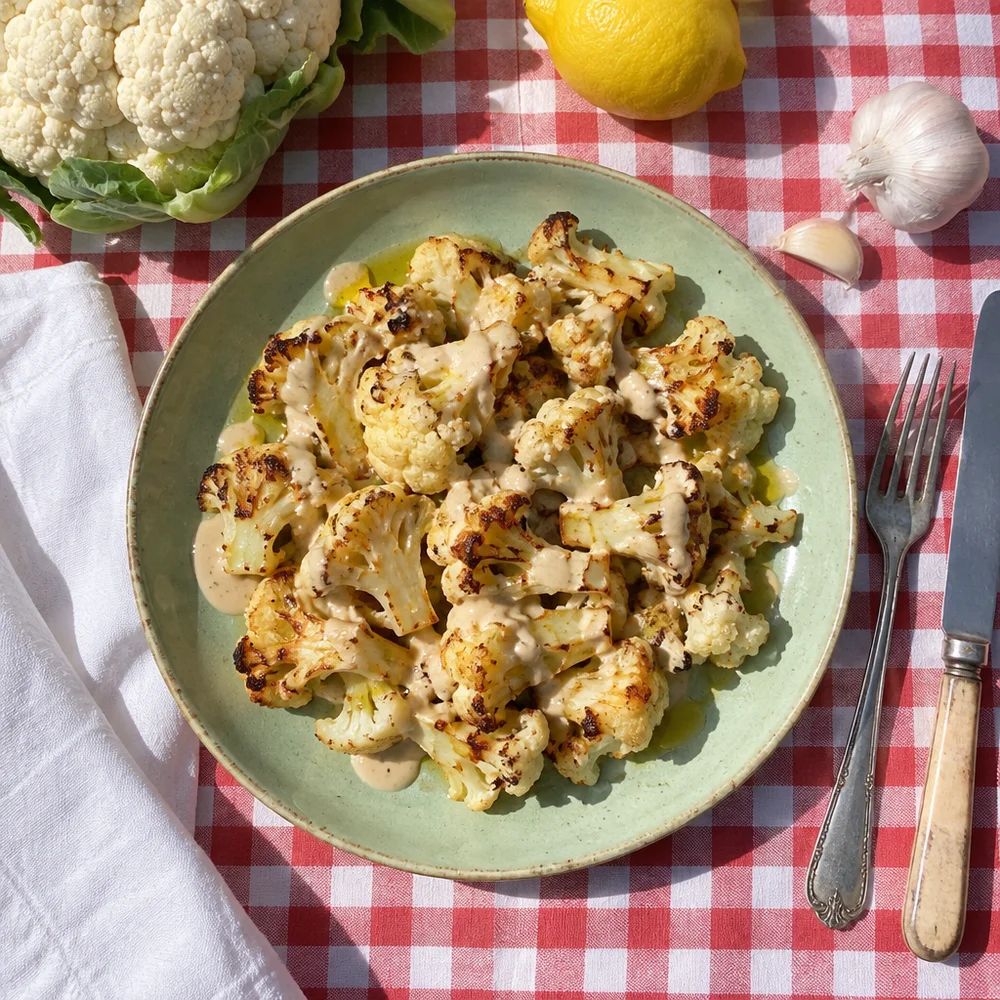 Vegan pan-fried cauliflower with tahini dressing