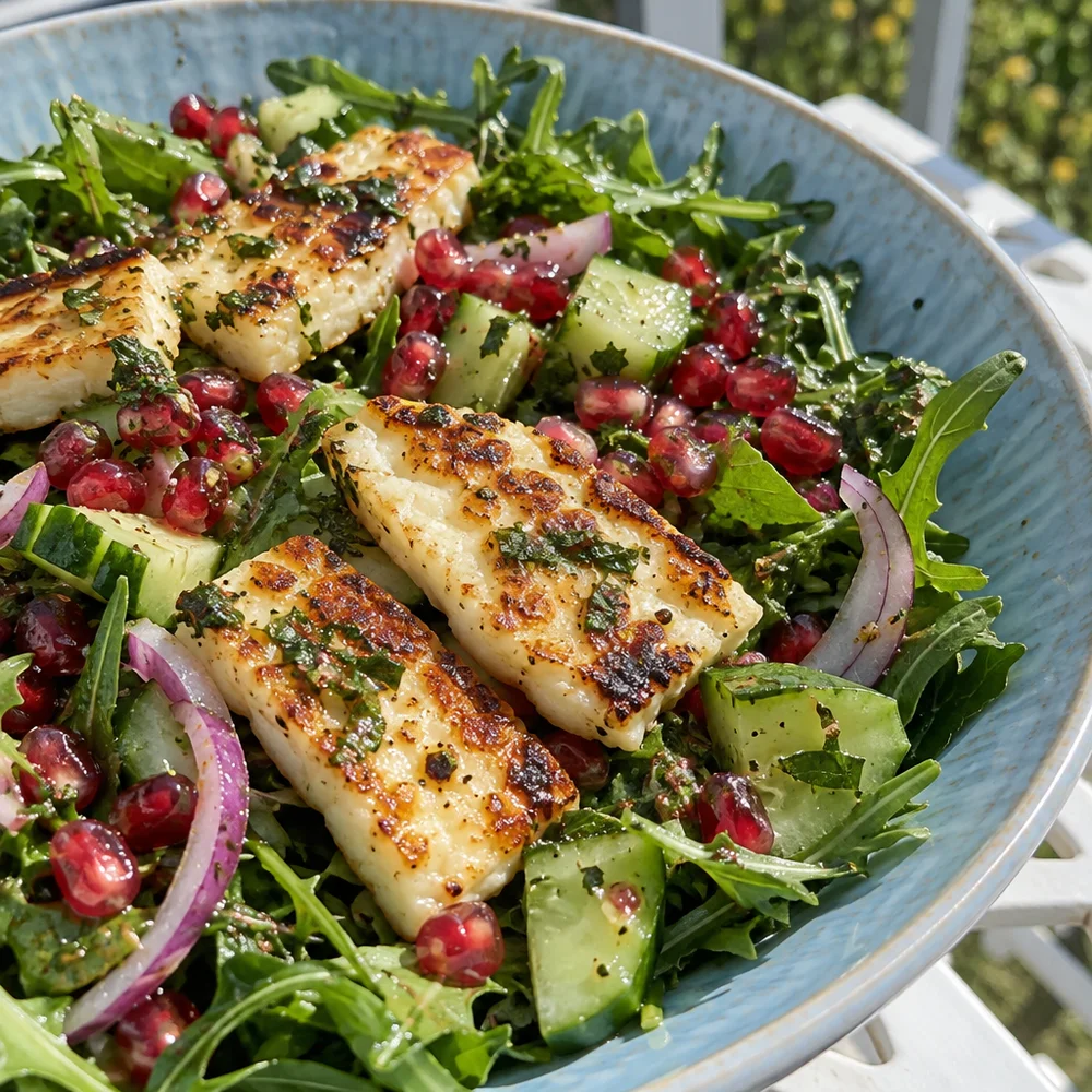 High-protein pan-fried halloumi salad with pomegranate